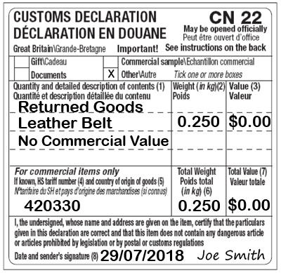 CN22 Completed Sample Customs Form