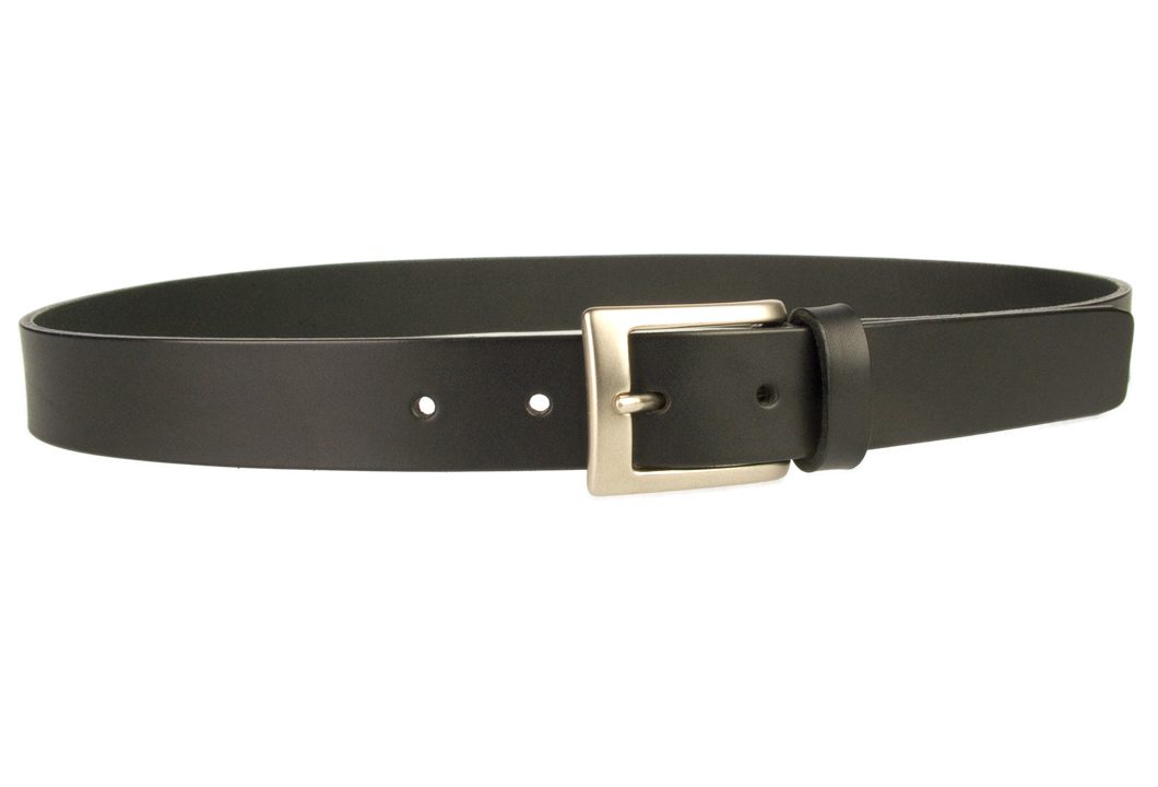 Mens Leather Belt Made in UK - Full Grain Leather | Black | 1 3/16" Wide | Hand Brushed Nickel Plated Buckle |Made In UK | Right Facing Image