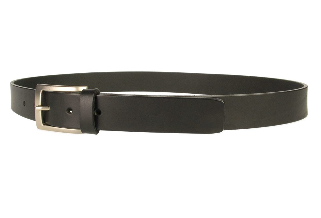 Mens Leather Belt Made in UK - Full Grain Leather | Black | 1 3/16" Wide | Hand Brushed Nickel Plated Buckle |Made In UK | Left Facing Image