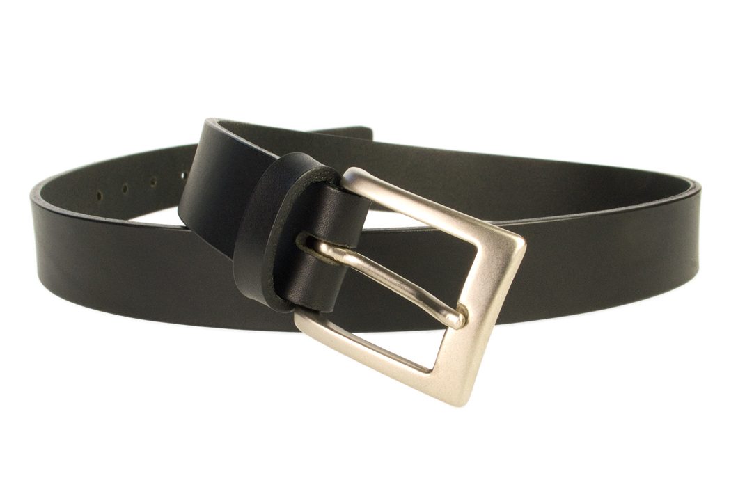 Mens Leather Belt Made in UK - Full Grain Leather | Black | 1 3/16" Wide | Hand Brushed Nickel Plated Buckle | Made In UK | Open Image 2