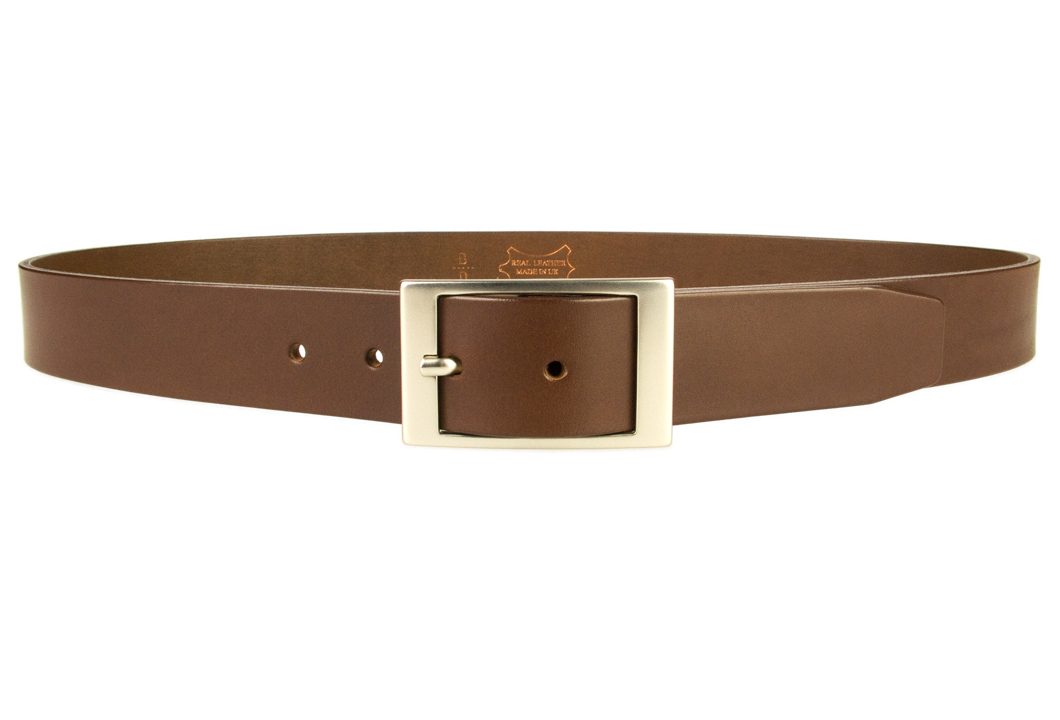 Mens Quality Leather Belt Made In UK - Brown - 1 3/8 inch Wide | Hand Brushed Nickel Plated Center Bar Buckle - Front View