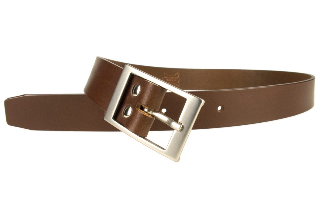 Mens Quality Leather Belt Made In UK - Brown - 1 3/8 inch Wide | Hand Brushed Nickel Plated Center Bar Buckle - Open Image 1