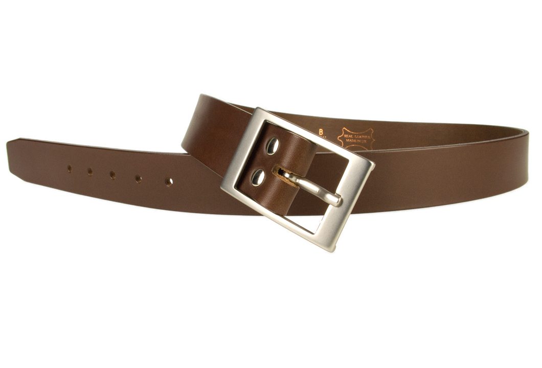 Mens Quality Leather Belt Made In UK - Brown - 1 3/8 inch Wide | Hand Brushed Nickel Plated Center Bar Buckle - Open Image 2