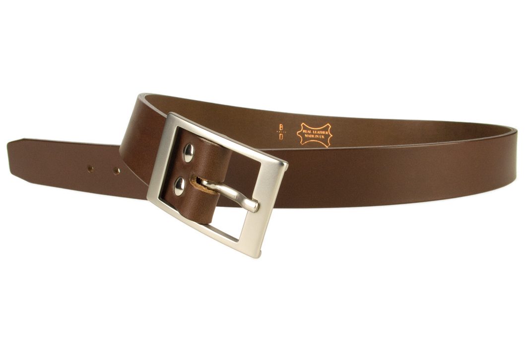 Mens Quality Leather Belt Made In UK - Brown - 1 3/8 inch Wide - Hand Brushed Nickel Plated Buckle - Open Image 3