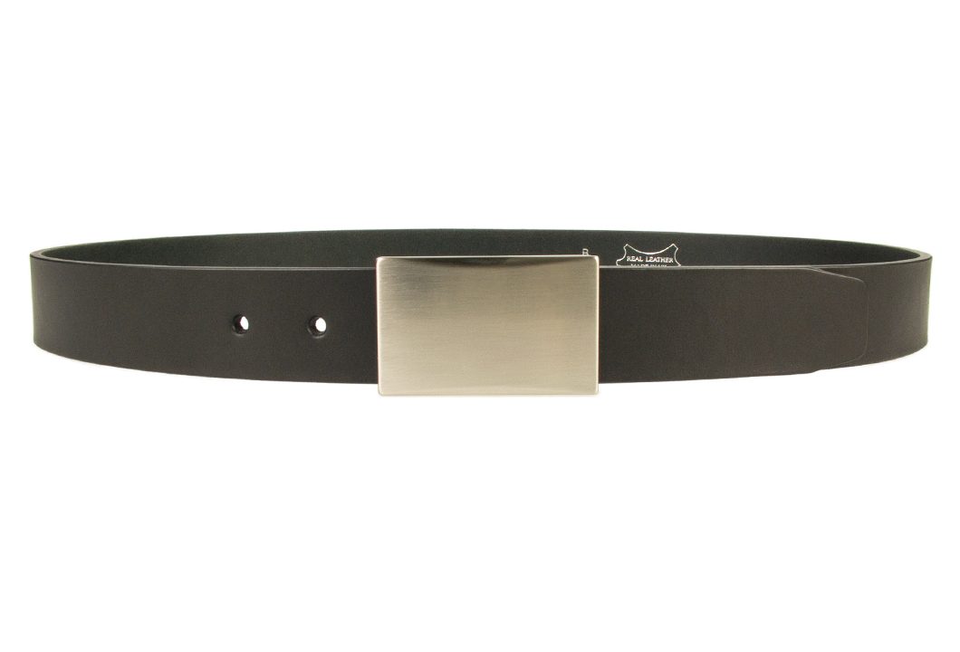 Mens leather belt with plaque buckle - color black