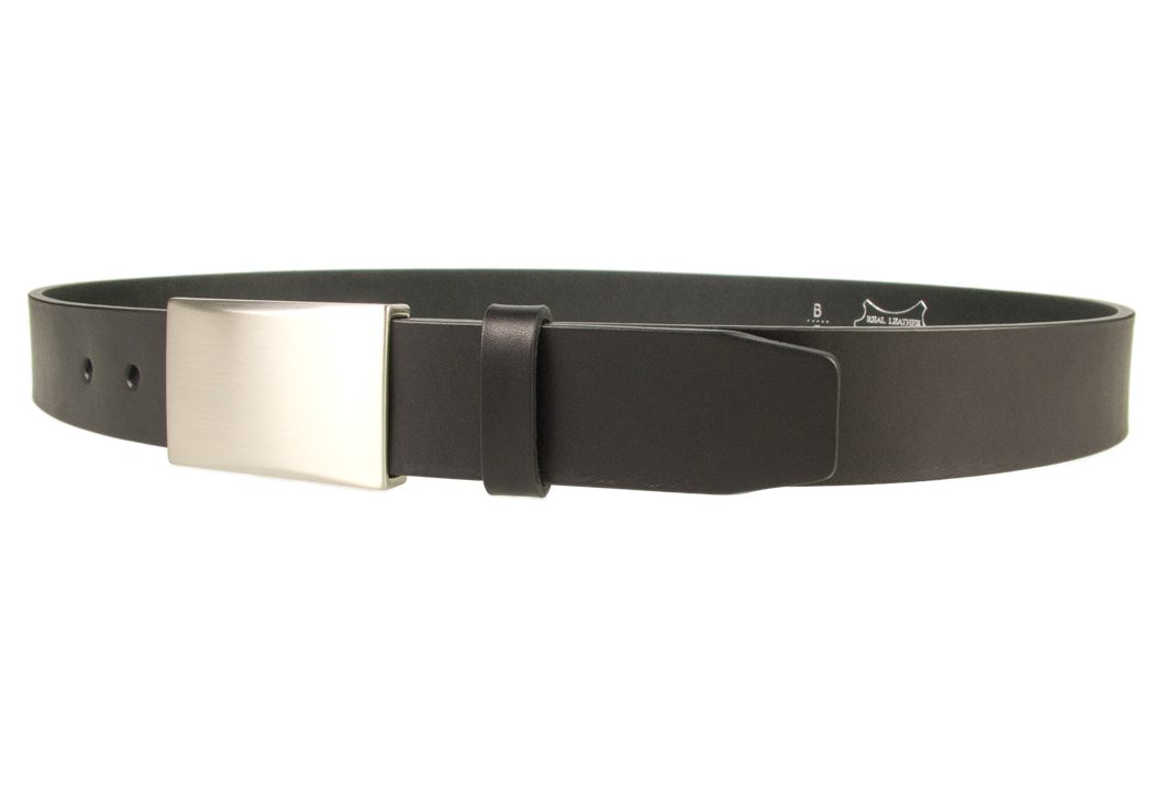 Mens eather belt with plaque buckle - color black