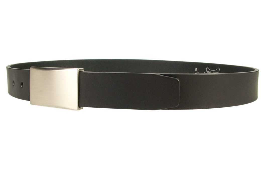 Mens leather belt with plaque buckle - color black