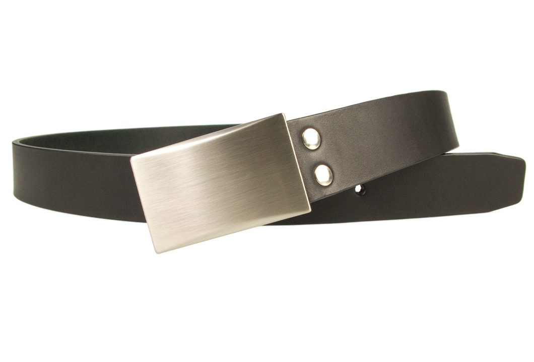 Mens leather belt with plaque buckle - color black