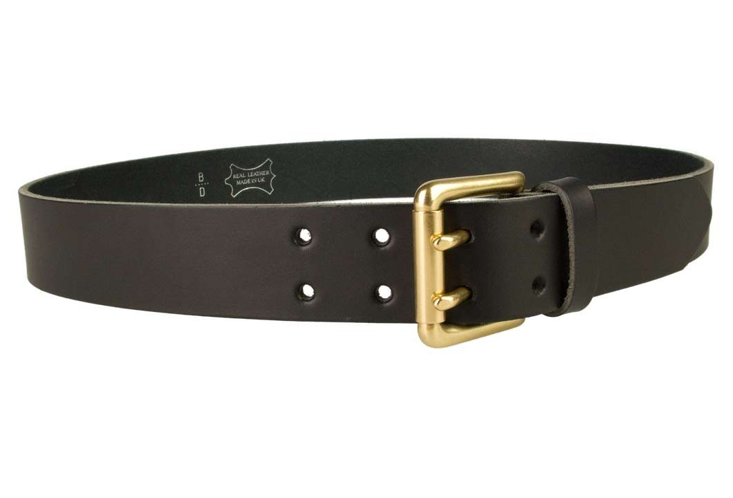Double Prong Leather Jeans Belt | Black | Solid Brass Double Prong Roller Buckle | 39 cm Wide 1.5 inch | Italian Full Grain Vegetable Tanned Leather | Made In UK | Right Facing Image