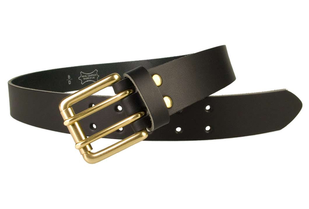 Double Prong Leather Jeans Belt | Black | Solid Brass Double Prong Roller Buckle | 39 cm Wide 1.5 inch | Italian Full Grain Vegetable Tanned Leather | Made In UK | Open Image 1