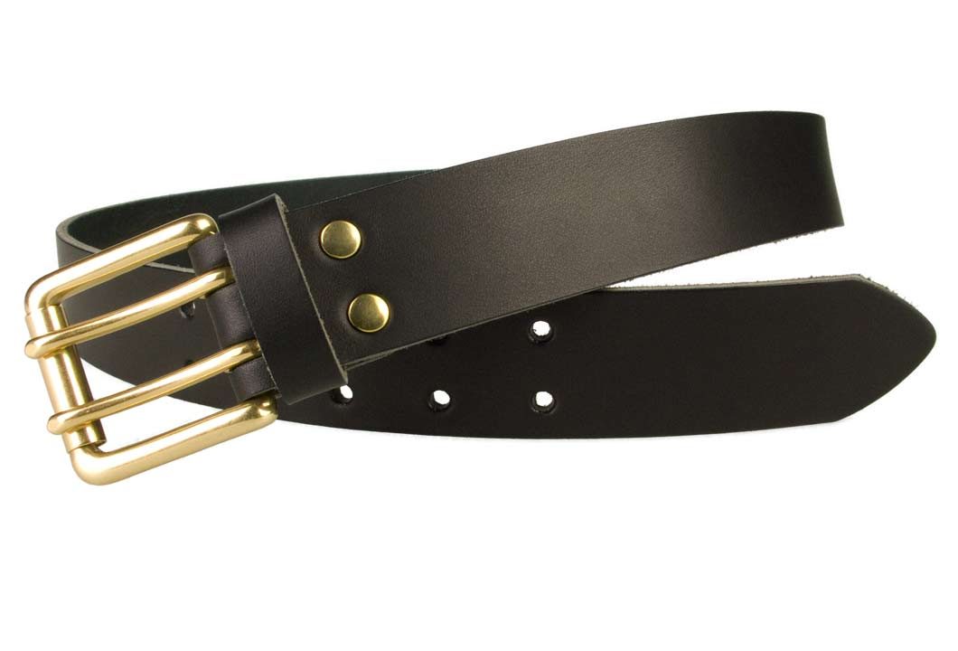 Double Prong Leather Jeans Belt | Black | Solid Brass Double Prong Roller Buckle | 39 cm Wide 1.5 inch | Italian Full Grain Vegetable Tanned Leather | Made In UK | Open Image 2