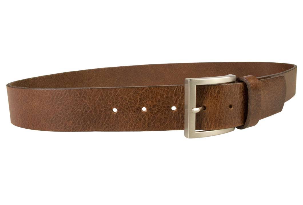 Mens Leather Jeans Belt | Brown | Rough Brushed Matt Nickel Plated Buckle | 40 cm Wide 1.5 inch | Italian Full Grain Vegetable Tanned Leather | Made In UK | Right Facing Image