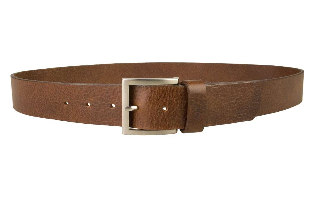 Mens Leather Jeans Belt | Brown | Rough Brushed Matt Nickel Plated Buckle | 40 cm Wide 1.5 inch | Italian Full Grain Vegetable Tanned Leather | Made In UK | Front Image