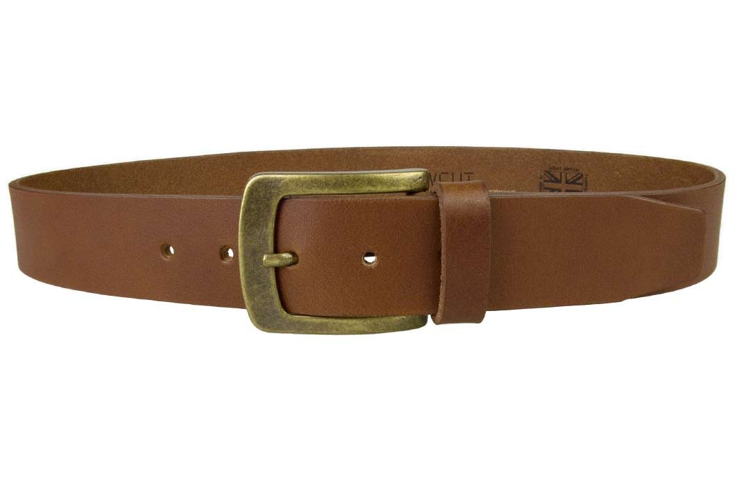 Tan Leather Jeans Belt | 40mm Wide | Italian Full Grain Vegetable Tanned Leather | Old Brass Look Buckle | Made In UK | Front Image