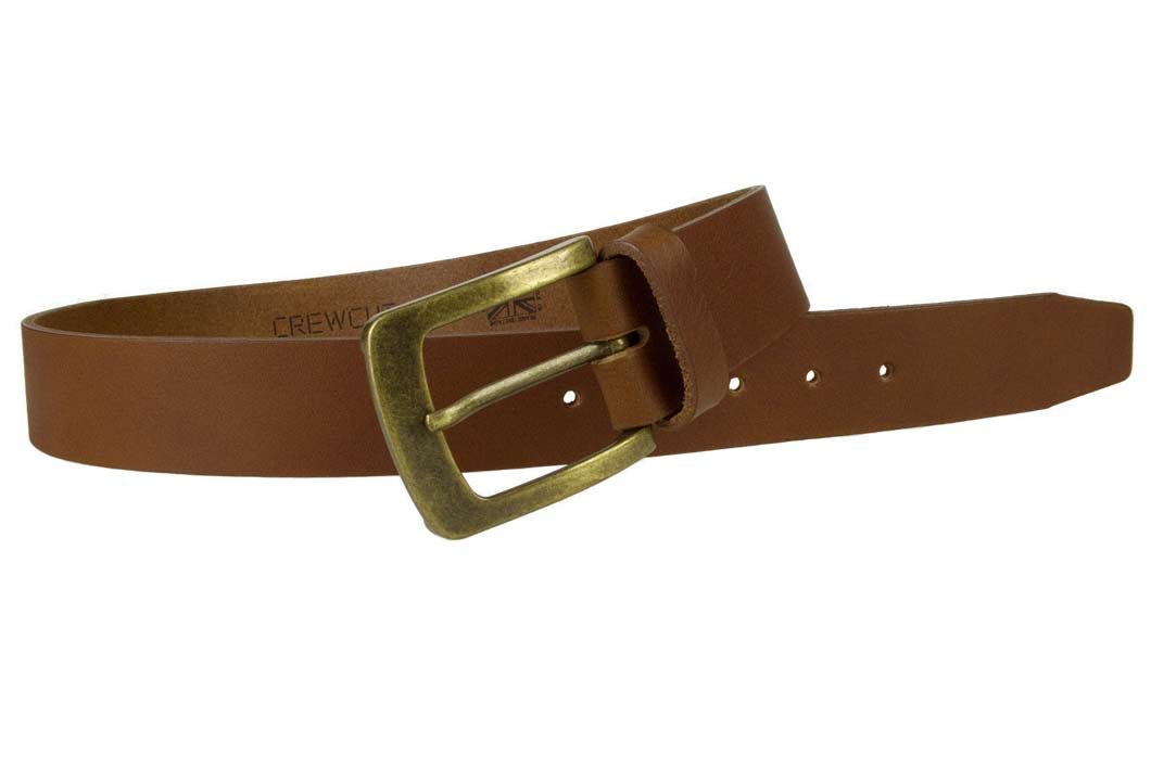 Tan Leather Jeans Belt | 40mm Wide | Italian Full Grain Vegetable Tanned Leather | Old Brass Look Buckle | Made In UK | Open Image 1