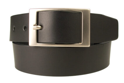 Mens Quality Leather Belt Made In UK - Black - 35mm Wide - Hand Brushed Nickel Plated Buckle - Front Rolled View