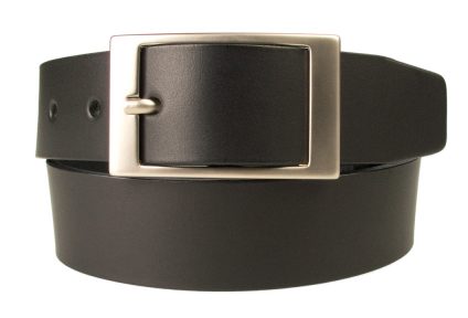 Mens Quality Leather Belt Made In UK - Black - 35mm Wide - Hand Brushed Nickel Plated Buckle - Front Rolled View