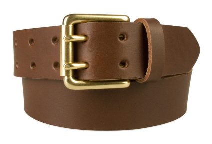 Brass Double Prong Leather Jeans Belt | Brown | Solid Brass Double Prong Roller Buckle | 39 cm Wide 1.5 inch | Vegetable Tanned Leather | Made In UK | Front Rolled Image