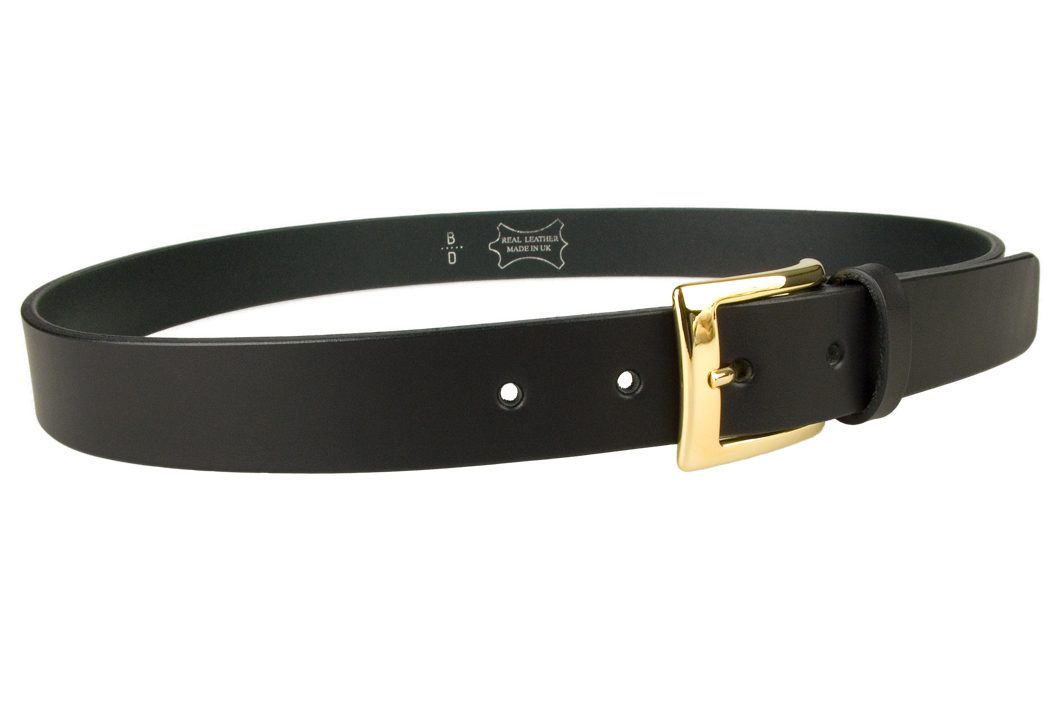 Mens Black Leather Belt With Gold Buckle | 30mm Wide | Gold Plated Buckle | High Quality Vegetable Tanned Leather | Made In UK | Right Facing Image
