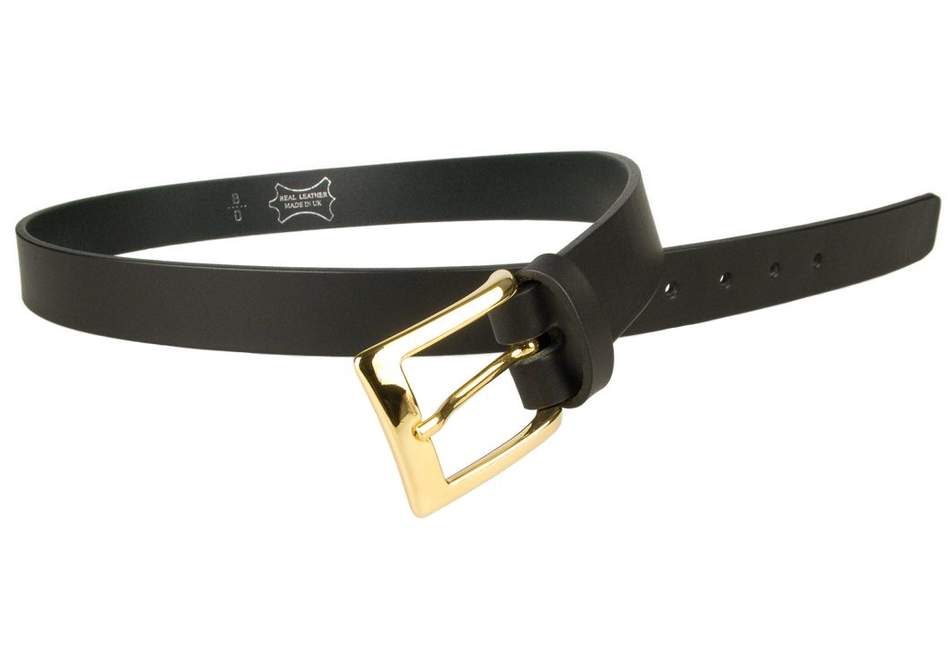 Mens Black Leather Belt With Gold Buckle | 30mm Wide | Gold Plated Buckle | High Quality Vegetable Tanned Leather | Made In UK | Open Image 1
