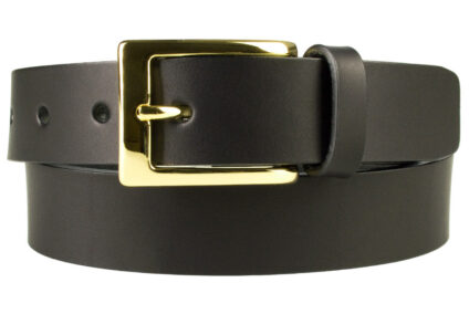 Mens Black Leather Belt With Gold Buckle | 30mm Wide | Gold Plated Buckle | High Quality Vegetable Tanned Leather | Made In UK | Front Rolled Image