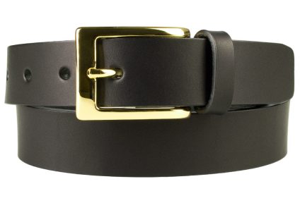 Mens Black Leather Belt With Gold Buckle | 30mm Wide | Gold Plated Buckle | High Quality Vegetable Tanned Leather | Made In UK | Front Rolled Image
