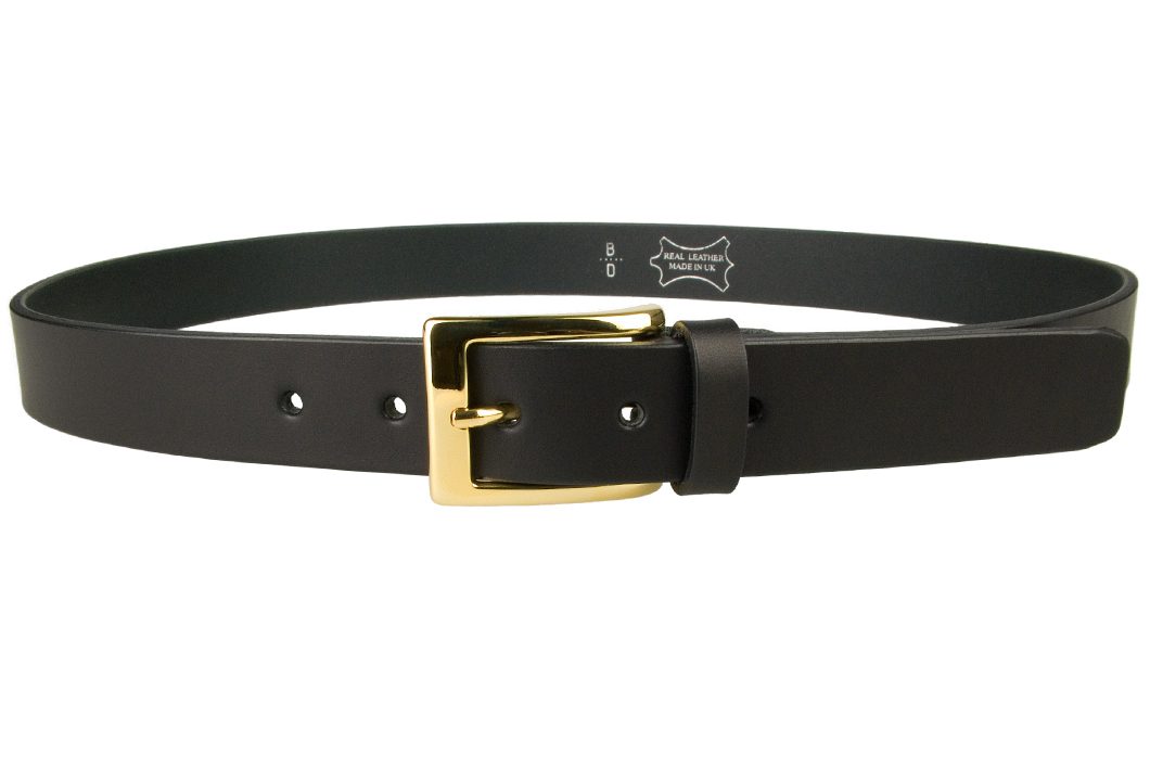 Mens Black Leather Belt With Gold Buckle | 30mm Wide | Gold Plated Buckle | High Quality Vegetable Tanned Leather | Made In UK | Front Image