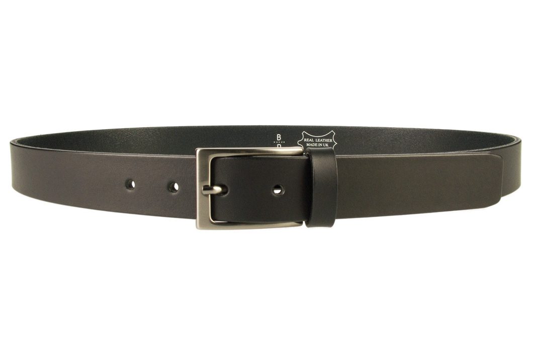 Mens Black Leather Belt With Gun Metal Buckle | Black | 30 mm Wide | |Made In UK | Front Image