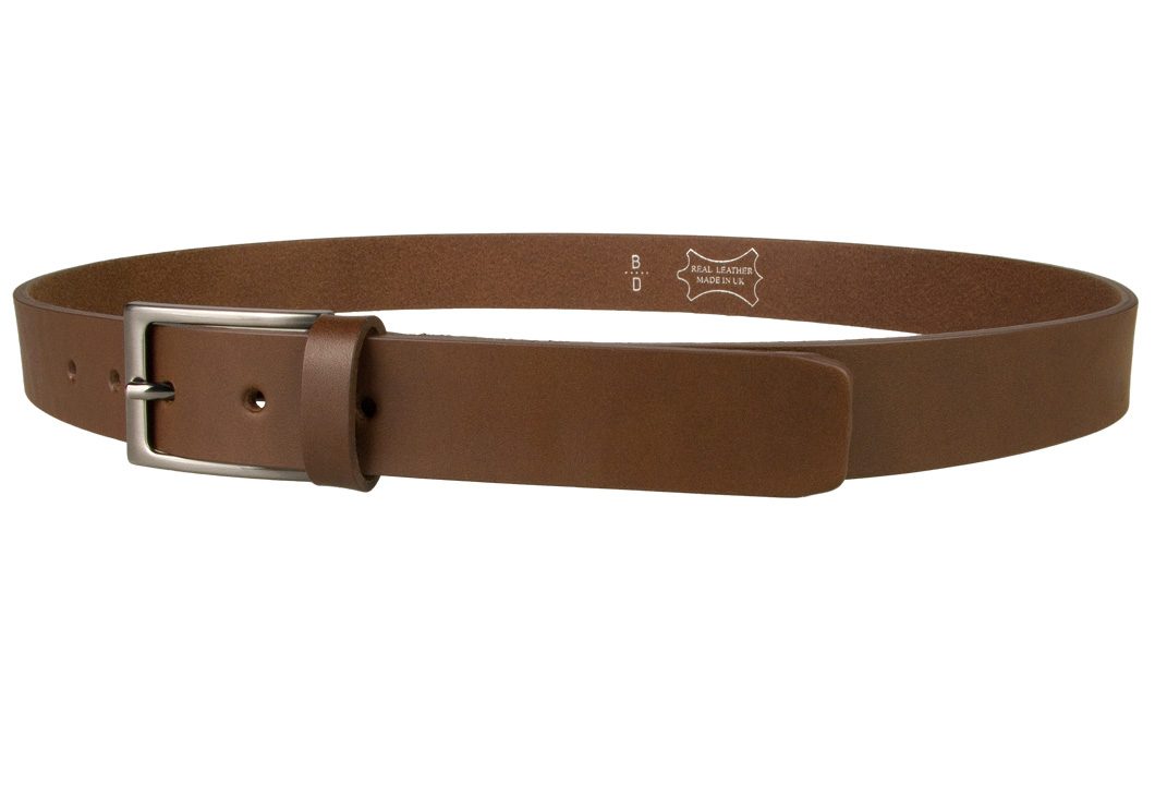 Mens Brown Leather Belt With Gun Metal Buckle, 30 mm Wide, Made In UK, Left Facing Image