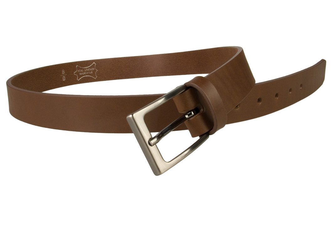 Mens Brown Leather Belt With Gun Metal Buckle, 30 mm Wide, Made In UK, Open Image 1