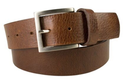 Mens Leather Jeans Belt | Brown | Rough Brushed Matt Nickel Plated Buckle | 40 cm Wide 1.5 inch | Italian Full Grain Vegetable Tanned Leather | Made In UK | Front Rolled Image