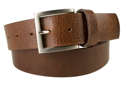 Mens Leather Jeans Belt | Brown | Rough Brushed Matt Nickel Plated Buckle | 40 cm Wide 1.5 inch | Italian Full Grain Vegetable Tanned Leather | Made In UK | Front Rolled Image