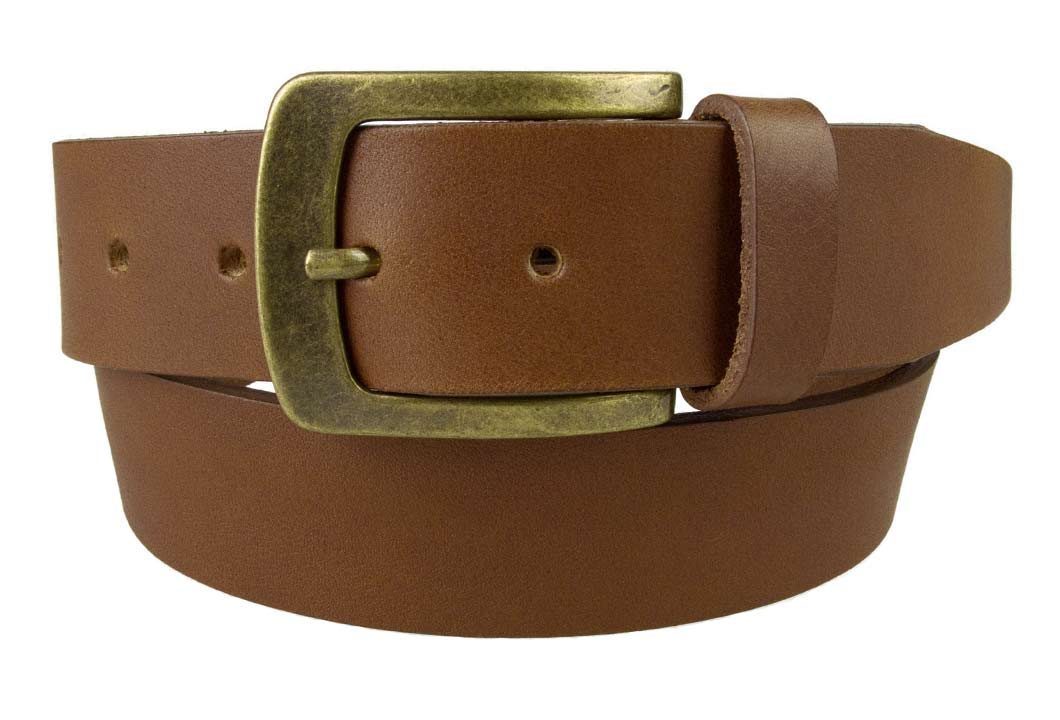 Tan Leather Jeans Belt | 40mm Wide | Italian Full Grain Vegetable Tanned Leather | Old Brass Look Buckle | Made In UK | Front Rolled Image