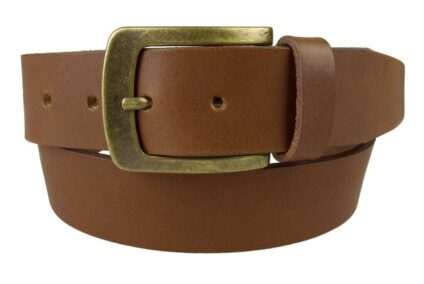 Tan Leather Jeans Belt | 40mm Wide | Italian Full Grain Vegetable Tanned Leather | Old Brass Look Buckle | Made In UK | Front Rolled Image