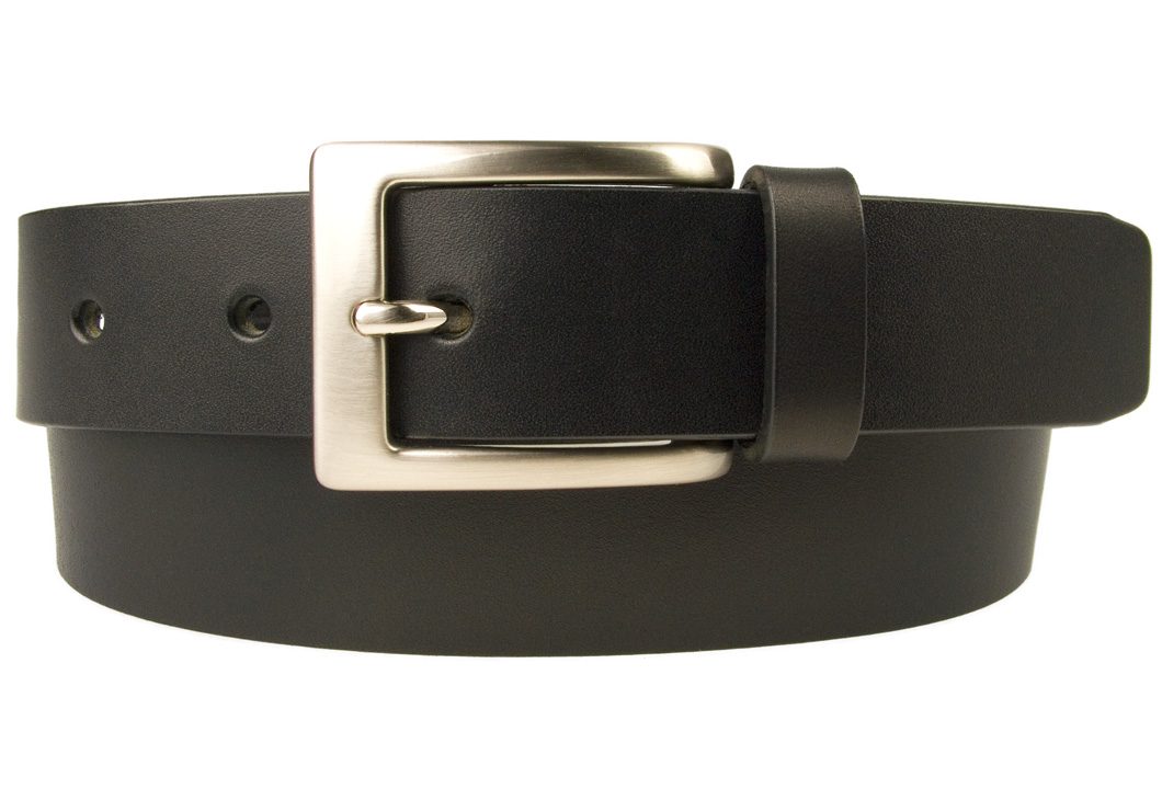 Mens Leather Belt Made in UK - Full Grain Leather | Black | 1 3/16" Wide | Hand Brushed Nickel Plated Buckle | Made In UK | Rolled Front View