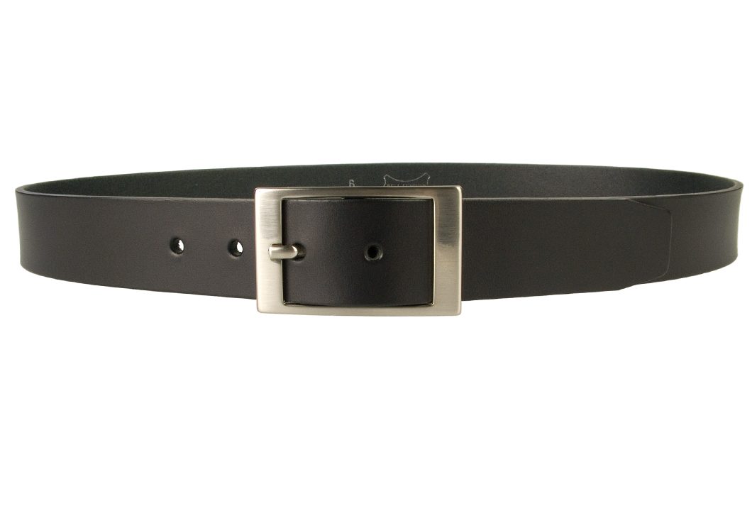 Mens Quality Leather Belt Made In UK - Black - 35mm Wide - Hand Brushed Nickel Plated Buckle - Front View