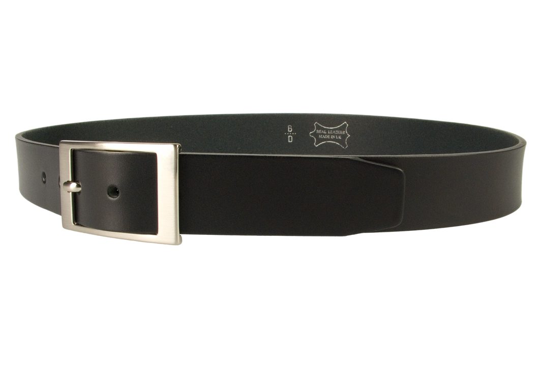 Mens Quality Leather Belt Made In UK - Black - 35mm Wide - Hand Brushed Nickel Plated Buckle - Left Facing View