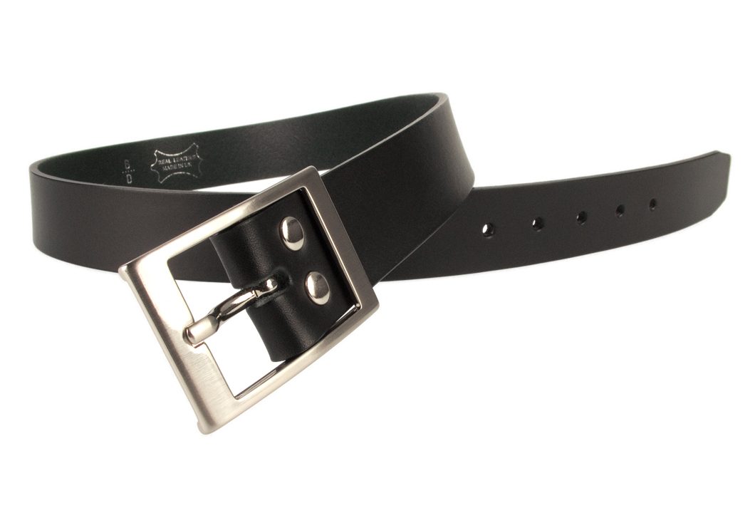 Mens Quality Leather Belt Made In UK - Black - 35mm Wide - Hand Brushed Nickel Plated Buckle - Open View 1