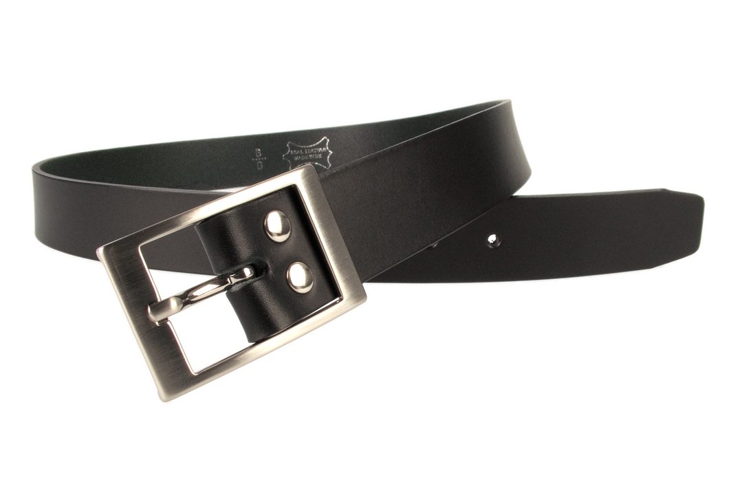Mens Quality Leather Belt Made In UK - Black - 35mm Wide - Hand Brushed Nickel Plated Buckle - Open View 2