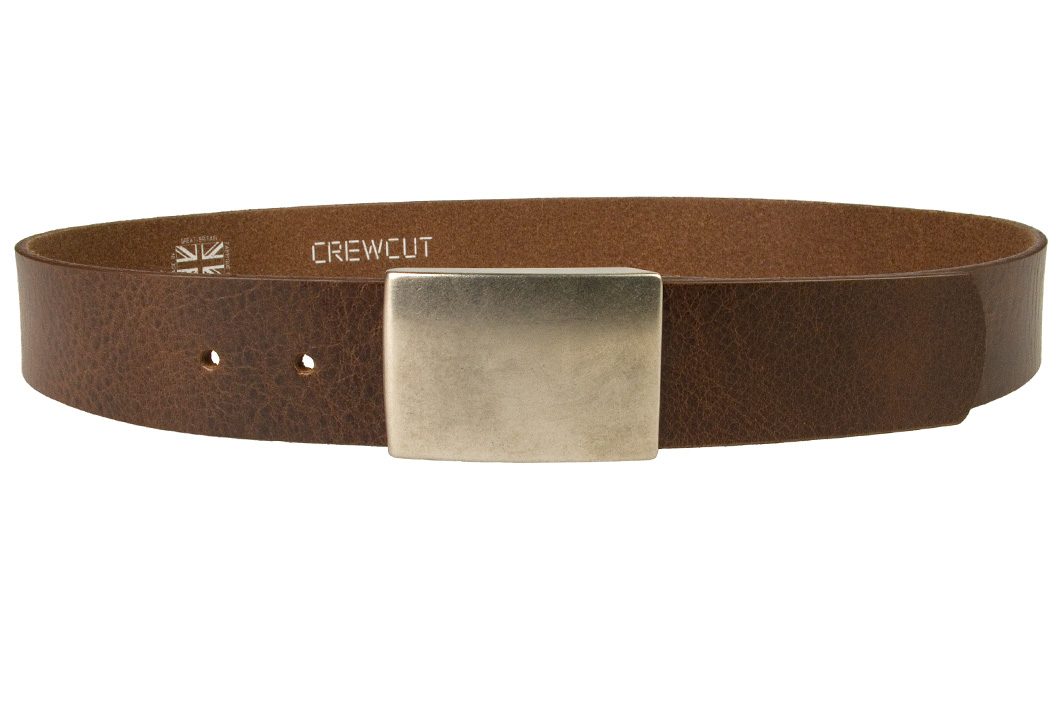 Plaque Buckle Leather Jeans Belt by CREWCUT. Made in U.K. by British craftsmen. High quality leather belt 4cm Wide with aged nickel plated plaque buckle.