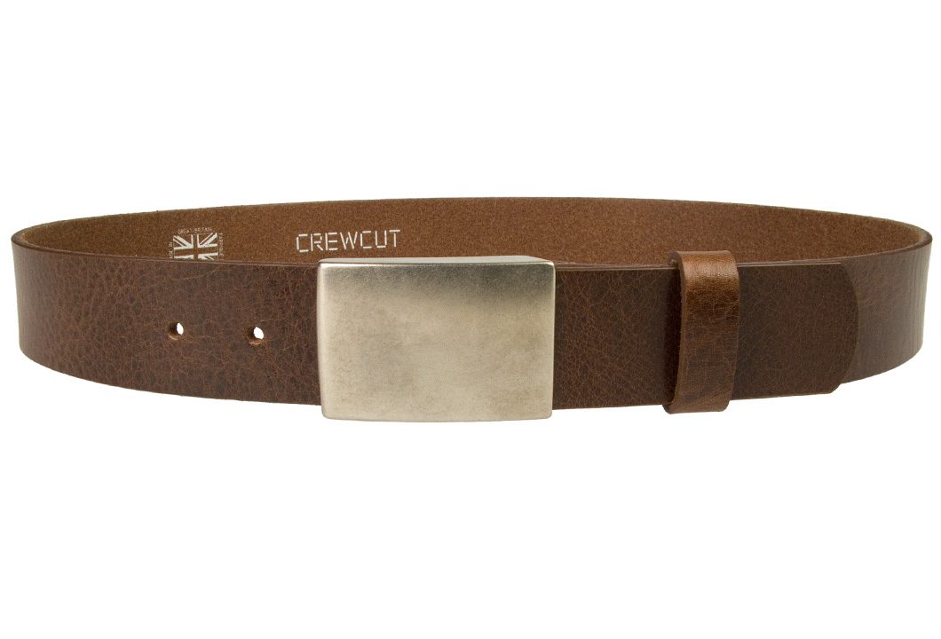 Plaque Buckle Leather Jeans Belt by CREWCUT. Made in U.K. by British craftsmen. High quality leather belt 4cm Wide with aged nickel plated plaque buckle.