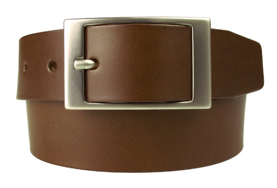 Mens Quality Leather Belt Made In UK - Brown - 1 3/8 inch Wide | Hand Brushed Nickel Plated Center Bar Buckle | Front Rolled Image