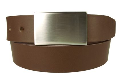 Plaque Belt Brown Leather Made in UK | 35 mm Wide | Full Grain Italian Vegetable Tanned Leather | Hand Brushed Italian Made Nickel Plated Buckle | Free Sliding Loop | Front Rolled Image