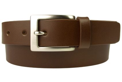 Mens High Quality Brown Leather Belt Made in UK | 30mm Wide | Hand Brushed Nickel Plated Buckle | Made In UK | Rolled Front Image