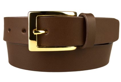 Mens Brown Leather Belt With Gold Buckle | Gold Plated Italian Made Buckle | High Quality Italian Vegetable Tanned Leather | 30mm Wide | Made In UK by Belt Designs | Front Rolled Image