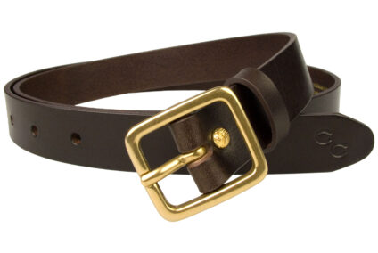 Dark Brown Narrow Leather Belt With Solid Brass Buckle