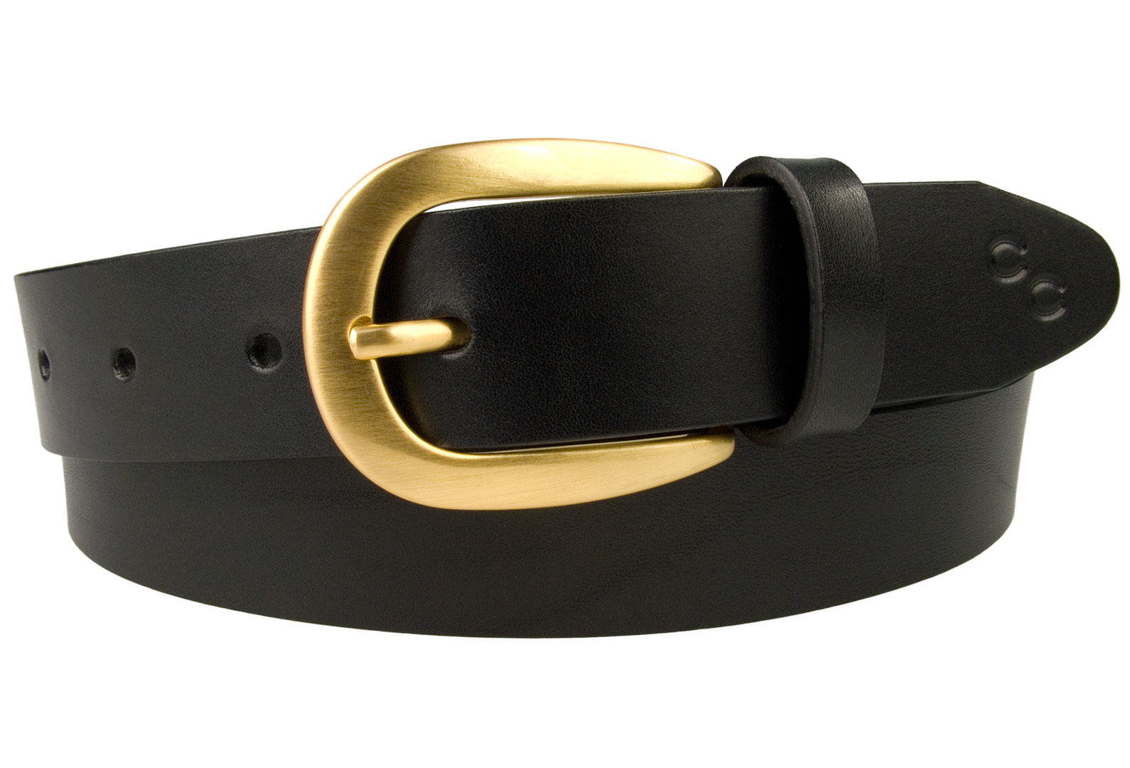 Womens Black Leather Belt With Hand Brushed Gold Buckle. British Made High Quality Leather Belt. Italian Full Grain Vegetable Tanned Leather. Italian Hand Brushed Gold Plated Buckle. Champion Chase Double Horse Shoe Motif to tip of belt. 3cm Wide (1.2 inch approx).