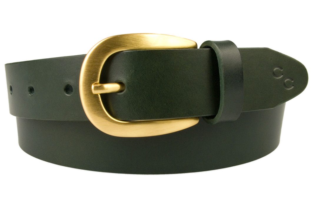 Womens Green Leather Belt Brushed Gold Buckle