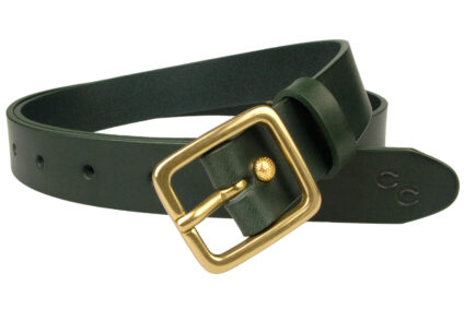 Womens Narrow Green Leather Belt 1 inch Wide with Solid Brass Buckle. Made In UK By Skilled British Craftsmen using high quality Italian full grain vegetable tanned leather. Solid Brass Italian Made Buckle. Free Sliding Loop to retain belt tip. Ornate gold plated riveted Return.