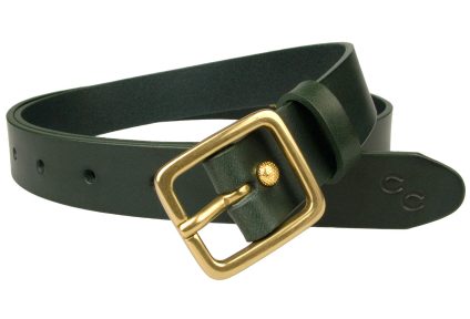 Womens Narrow Green Leather Belt 1 inch Wide with Solid Brass Buckle. Made In UK By Skilled British Craftsmen using high quality Italian full grain vegetable tanned leather. Solid Brass Italian Made Buckle. Free Sliding Loop to retain belt tip. Ornate gold plated riveted Return.